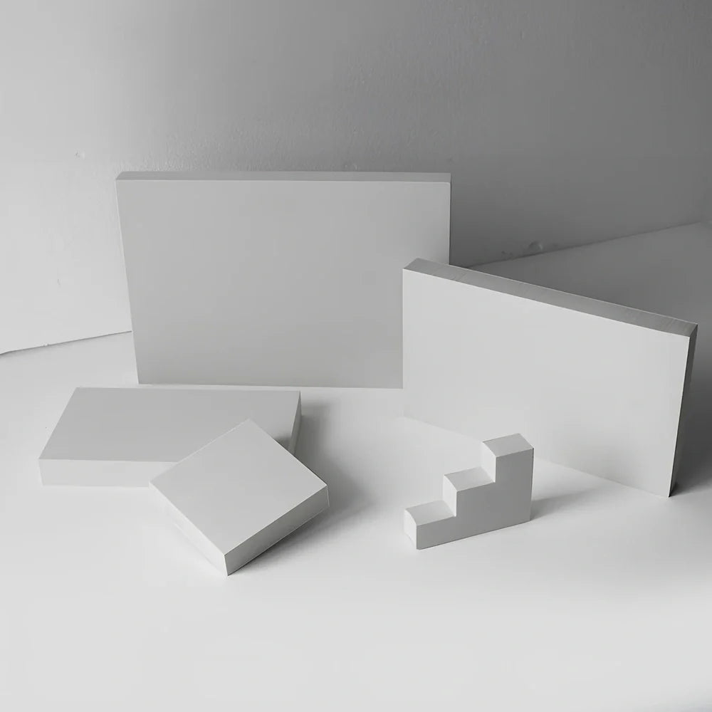 Set of white round and square plastic props for cosmetics shooting, 10cm diameter rounds and 8cm squares for stable product displays