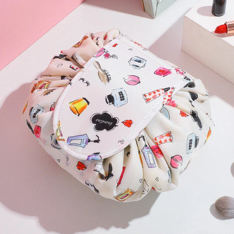 Stylish and roomy makeup travel bag with multiple color options, featuring a spacious interior and drawstring closure for secure storage of beauty essentials.