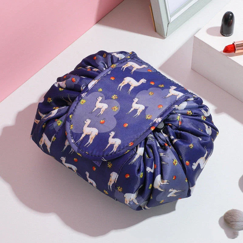 Stylish and roomy makeup travel bag with multiple color options, featuring a spacious interior and drawstring closure for secure storage of beauty essentials.