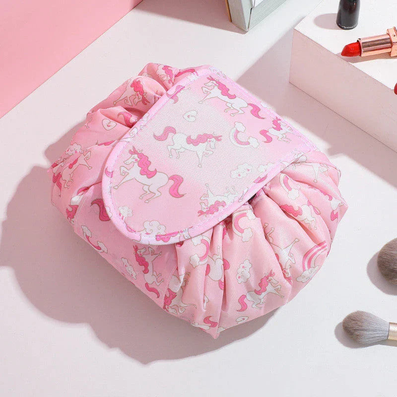 Stylish and roomy makeup travel bag with multiple color options, featuring a spacious interior and drawstring closure for secure storage of beauty essentials.