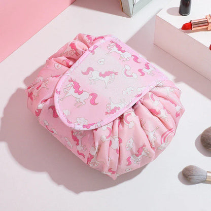 Stylish and roomy makeup travel bag with multiple color options, featuring a spacious interior and drawstring closure for secure storage of beauty essentials.