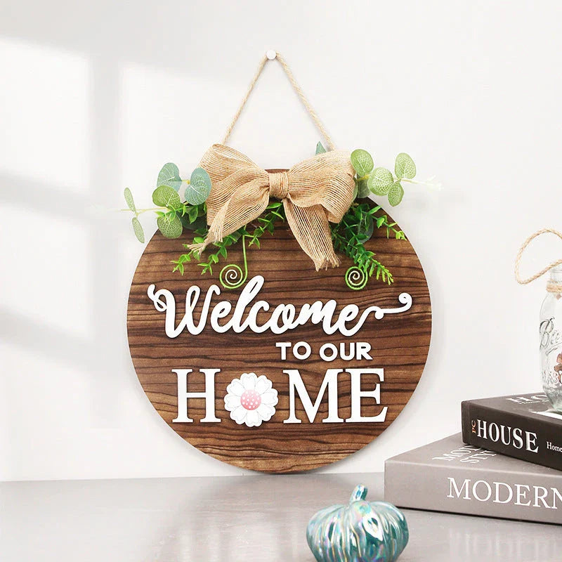 Rustic wooden door hanger with interchangeable seasonal plaques in a variety of holiday and home decor designs