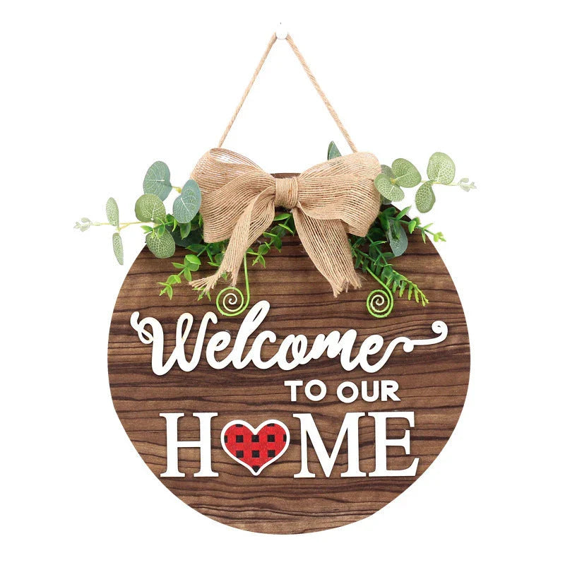 Rustic wooden door hanger with interchangeable seasonal plaques in a variety of holiday and home decor designs