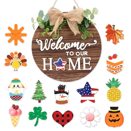 Rustic wooden door hanger with interchangeable seasonal plaques in a variety of holiday and home decor designs