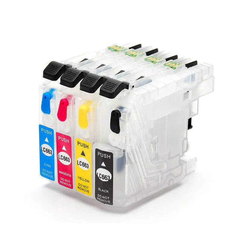 Compatible Brother printer refill cartridge LC663 LC665 LC669 in black, blue, red, or yellow, empty or full ink.