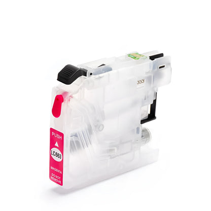 Compatible Brother printer refill cartridge LC663 LC665 LC669 in black, blue, red, or yellow, empty or full ink.