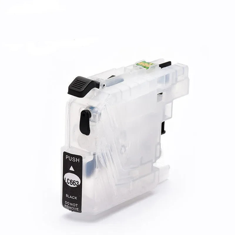 Compatible Brother printer refill cartridge LC663 LC665 LC669 in black, blue, red, or yellow, empty or full ink.