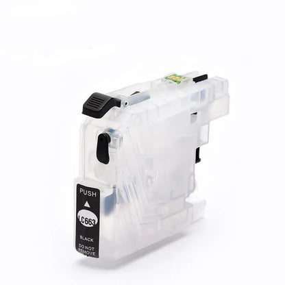 Compatible Brother printer refill cartridge LC663 LC665 LC669 in black, blue, red, or yellow, empty or full ink.