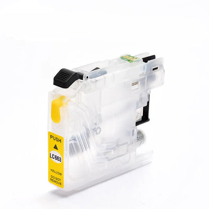 Compatible Brother printer refill cartridge LC663 LC665 LC669 in black, blue, red, or yellow, empty or full ink.