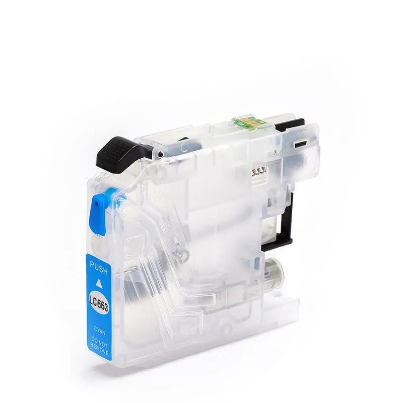 Compatible Brother printer refill cartridge LC663 LC665 LC669 in black, blue, red, or yellow, empty or full ink.