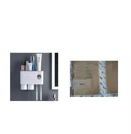 Non-marking hanging magnetic toothbrush holder with toothpaste squeezer and quick-drying cups