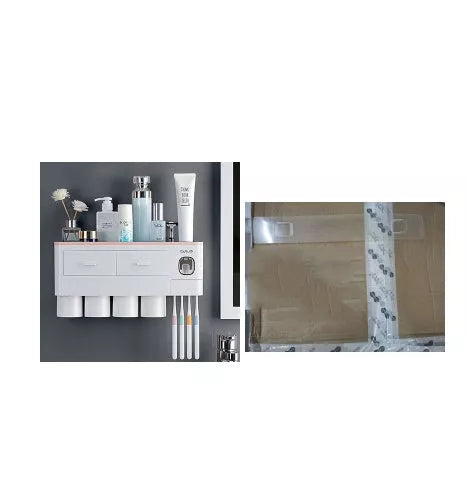 Non-marking hanging magnetic toothbrush holder with toothpaste squeezer and quick-drying cups