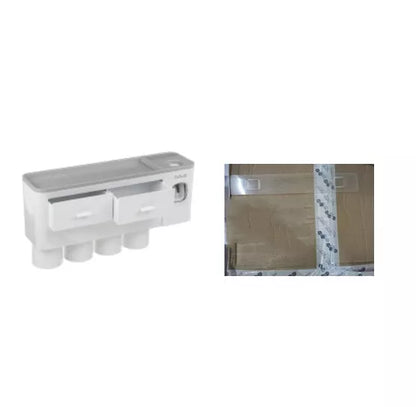 Non-marking hanging magnetic toothbrush holder with toothpaste squeezer and quick-drying cups