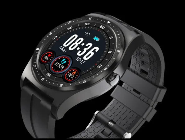 Black full touch smart watch with heart rate monitor on a silicone strap, showing the 1.69-inch display.
