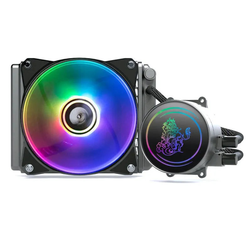 Computer CPU water cooling radiator featuring two ARGB fans with hydraulic bearing, designed for 240mm case mounting and ultra-quiet operation with intelligent temperature control, constructed from a copper-aluminium combination.
