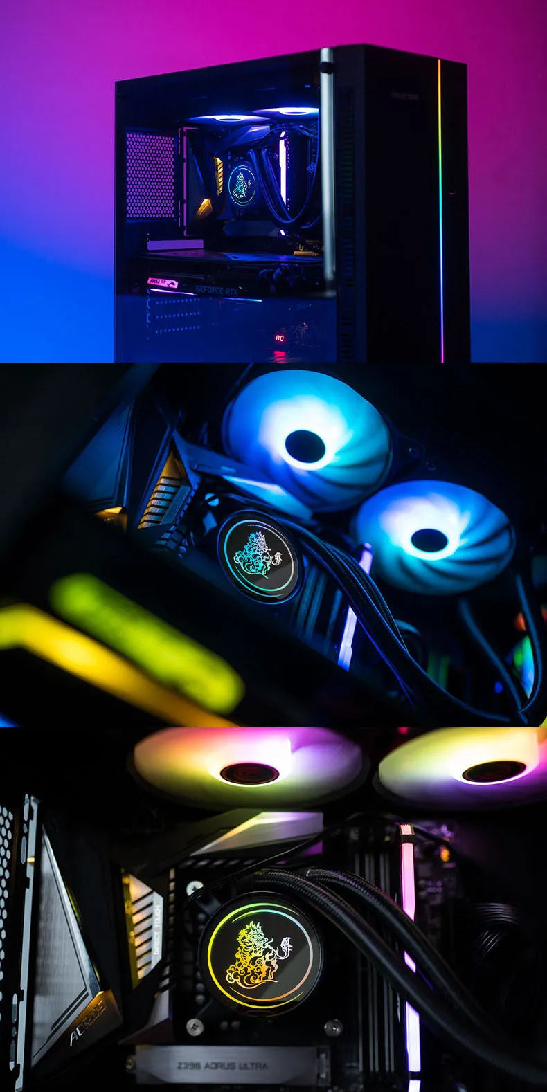 Kirin 240mm computer CPU water cooling radiator with two illuminated ARGB fans.