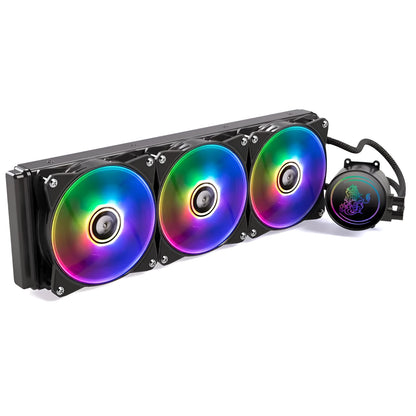 Kirin 240mm computer CPU water cooling radiator with two illuminated ARGB fans.