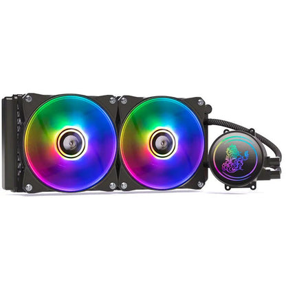 Kirin 240mm computer CPU water cooling radiator with two illuminated ARGB fans.