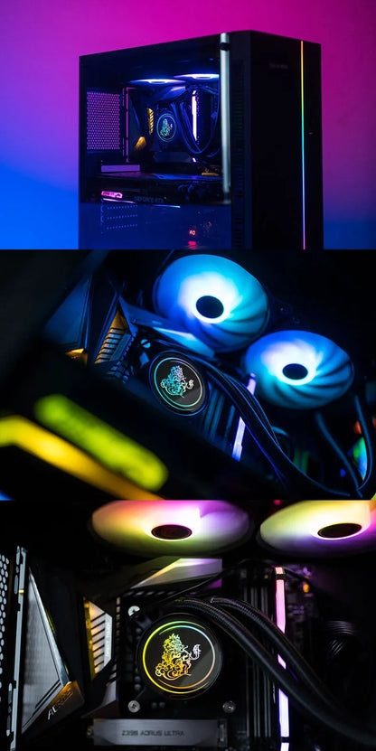 Kirin 240mm computer CPU water cooling radiator with two illuminated ARGB fans.