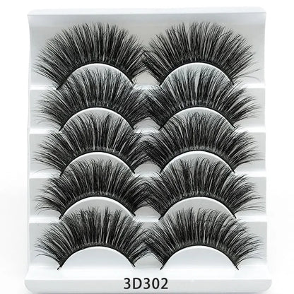 Five pairs of imitation mink false eyelashes with plastic cotton thread stem and cross section style, pure handmade
