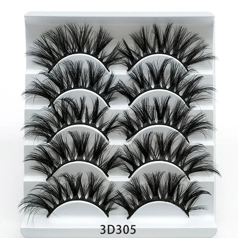 Five pairs of imitation mink false eyelashes with plastic cotton thread stem and cross section style, pure handmade