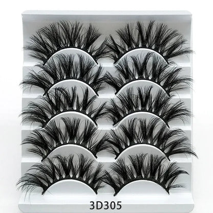 Five pairs of imitation mink false eyelashes with plastic cotton thread stem and cross section style, pure handmade