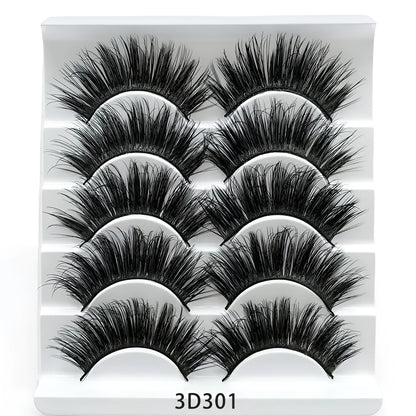 Five pairs of imitation mink false eyelashes with plastic cotton thread stem and cross section style, pure handmade
