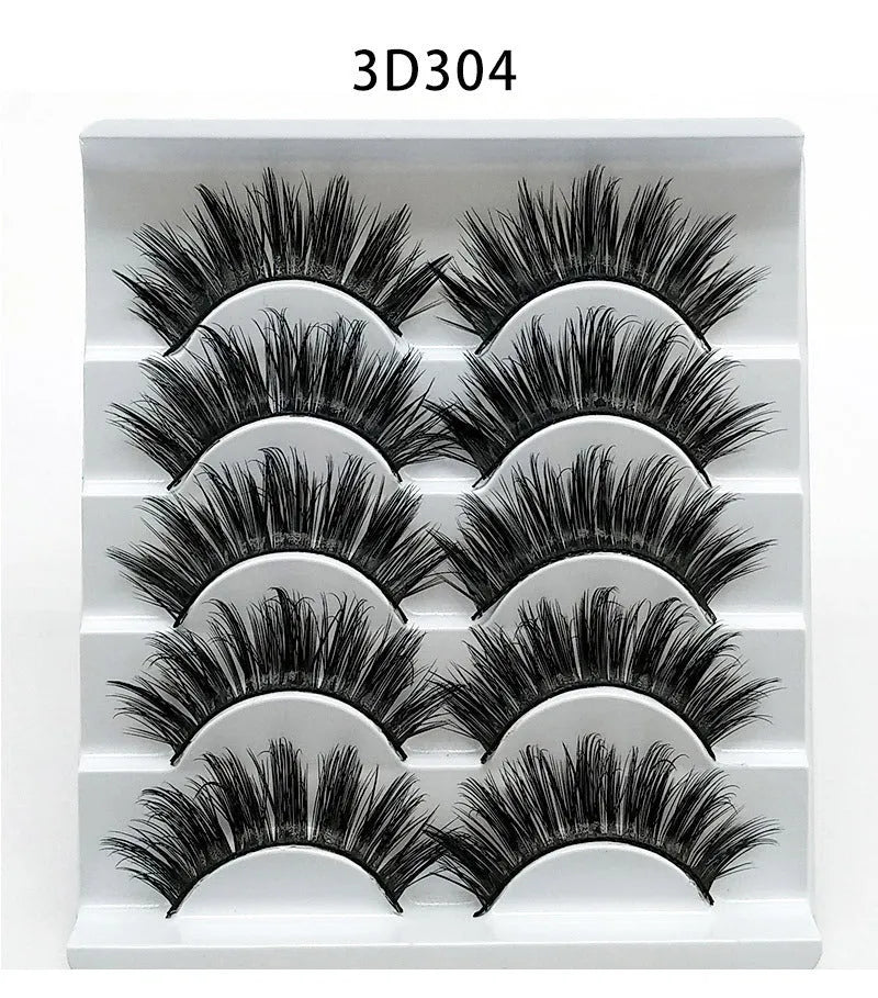 Five pairs of imitation mink false eyelashes with plastic cotton thread stem and cross section style, pure handmade