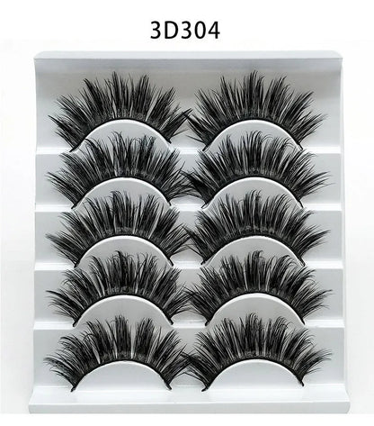 Five pairs of imitation mink false eyelashes with plastic cotton thread stem and cross section style, pure handmade