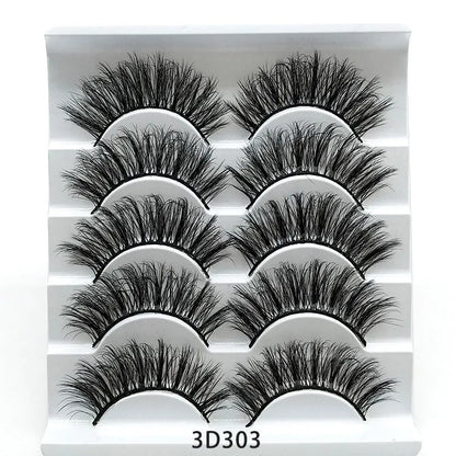 Five pairs of imitation mink false eyelashes with plastic cotton thread stem and cross section style, pure handmade