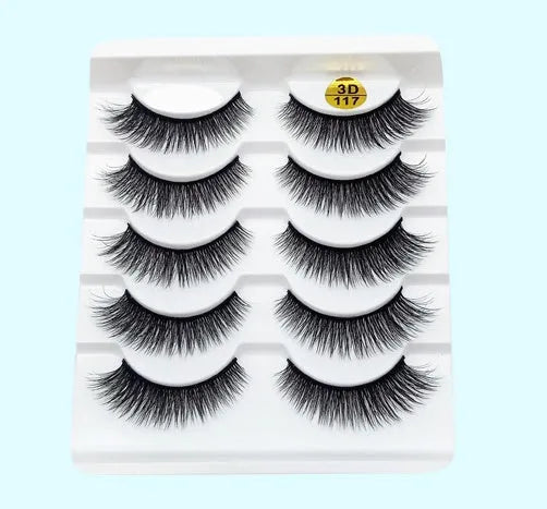 Five pairs of imitation mink false eyelashes with plastic cotton thread stem and cross section style, pure handmade