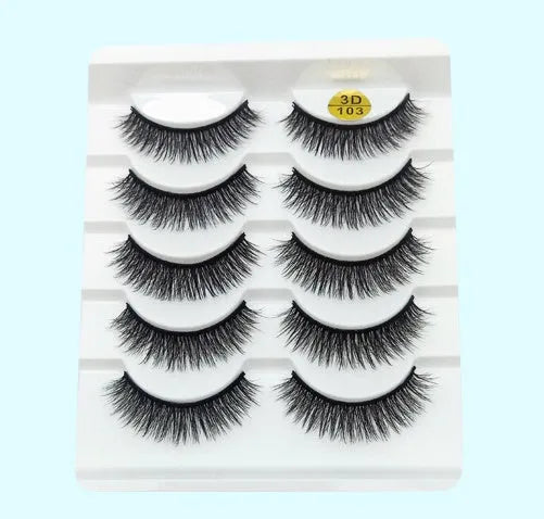 Five pairs of imitation mink false eyelashes with plastic cotton thread stem and cross section style, pure handmade