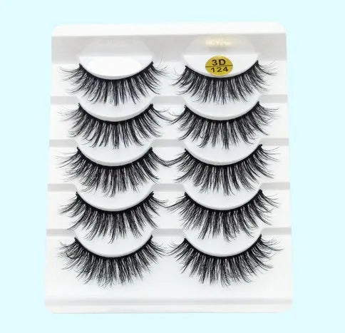 Five pairs of imitation mink false eyelashes with plastic cotton thread stem and cross section style, pure handmade