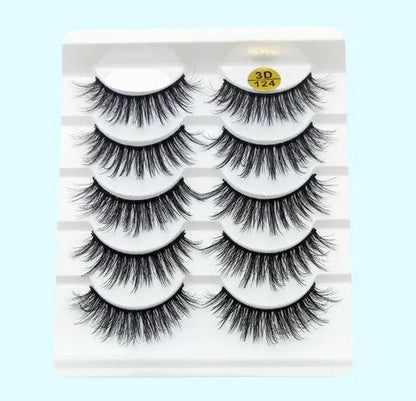 Five pairs of imitation mink false eyelashes with plastic cotton thread stem and cross section style, pure handmade