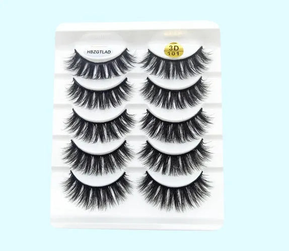 Five pairs of imitation mink false eyelashes with plastic cotton thread stem and cross section style, pure handmade