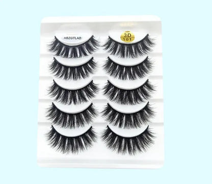 Five pairs of imitation mink false eyelashes with plastic cotton thread stem and cross section style, pure handmade