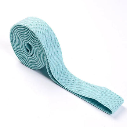 2M long yoga stretch band in cyan, 200cm x 4cm, polyester cotton latex silk, with mesh bag and manual
