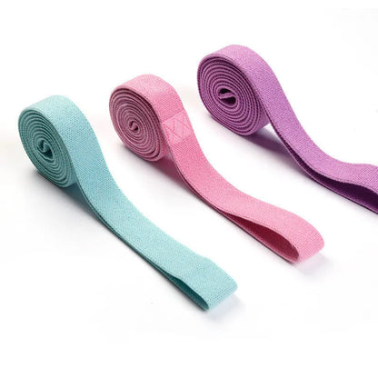 2M long yoga stretch band in cyan, 200cm x 4cm, polyester cotton latex silk, with mesh bag and manual