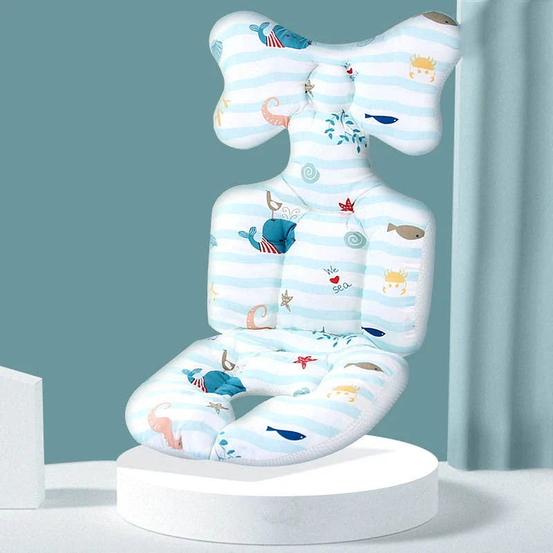 Padded baby stroller cushion in a variety of colorful, gender-neutral patterns for comfort and style