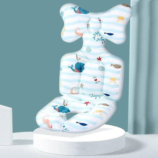 Padded baby stroller cushion in a variety of colorful, gender-neutral patterns for comfort and style