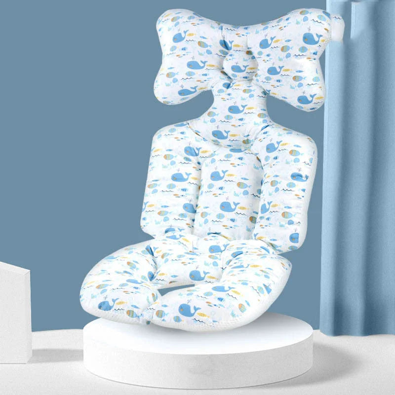 Padded baby stroller cushion in a variety of colorful, gender-neutral patterns for comfort and style