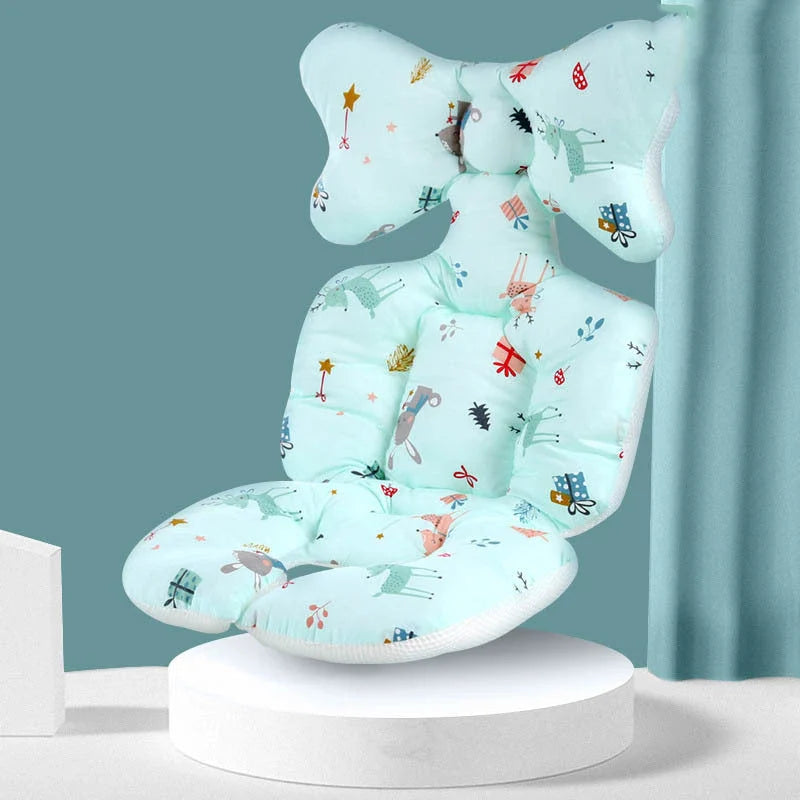 Padded baby stroller cushion in a variety of colorful, gender-neutral patterns for comfort and style