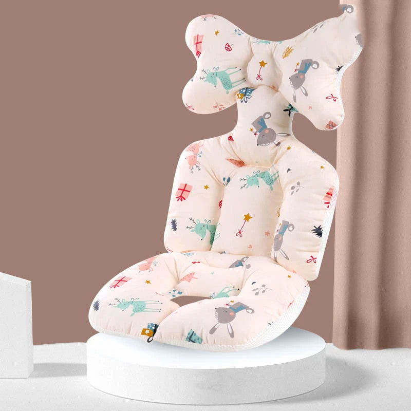 Padded baby stroller cushion in a variety of colorful, gender-neutral patterns for comfort and style