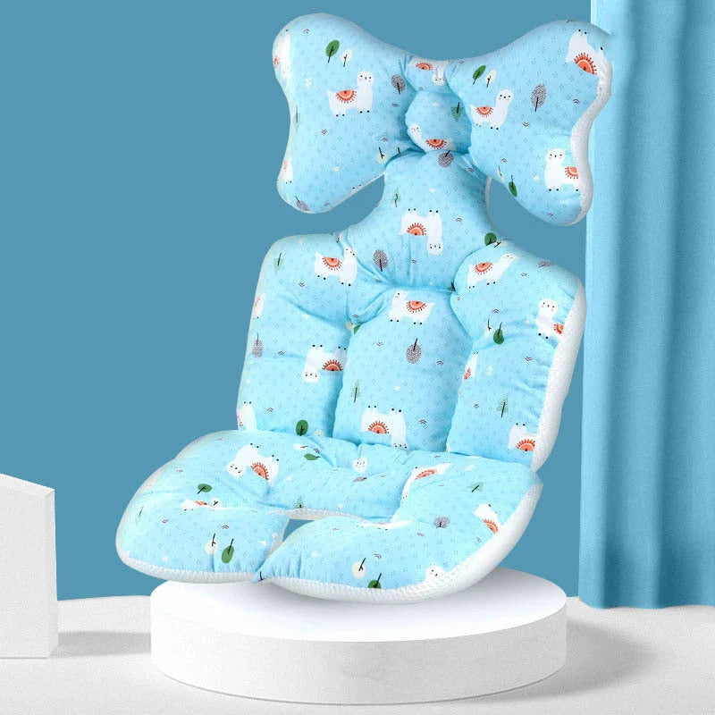 Padded baby stroller cushion in a variety of colorful, gender-neutral patterns for comfort and style