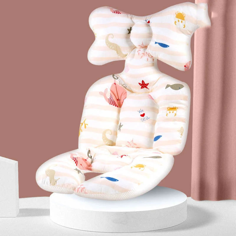 Padded baby stroller cushion in a variety of colorful, gender-neutral patterns for comfort and style