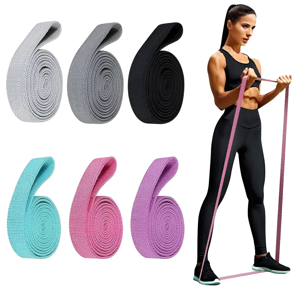 2M long yoga stretch band in cyan, 200cm x 4cm, polyester cotton latex silk, with mesh bag and manual