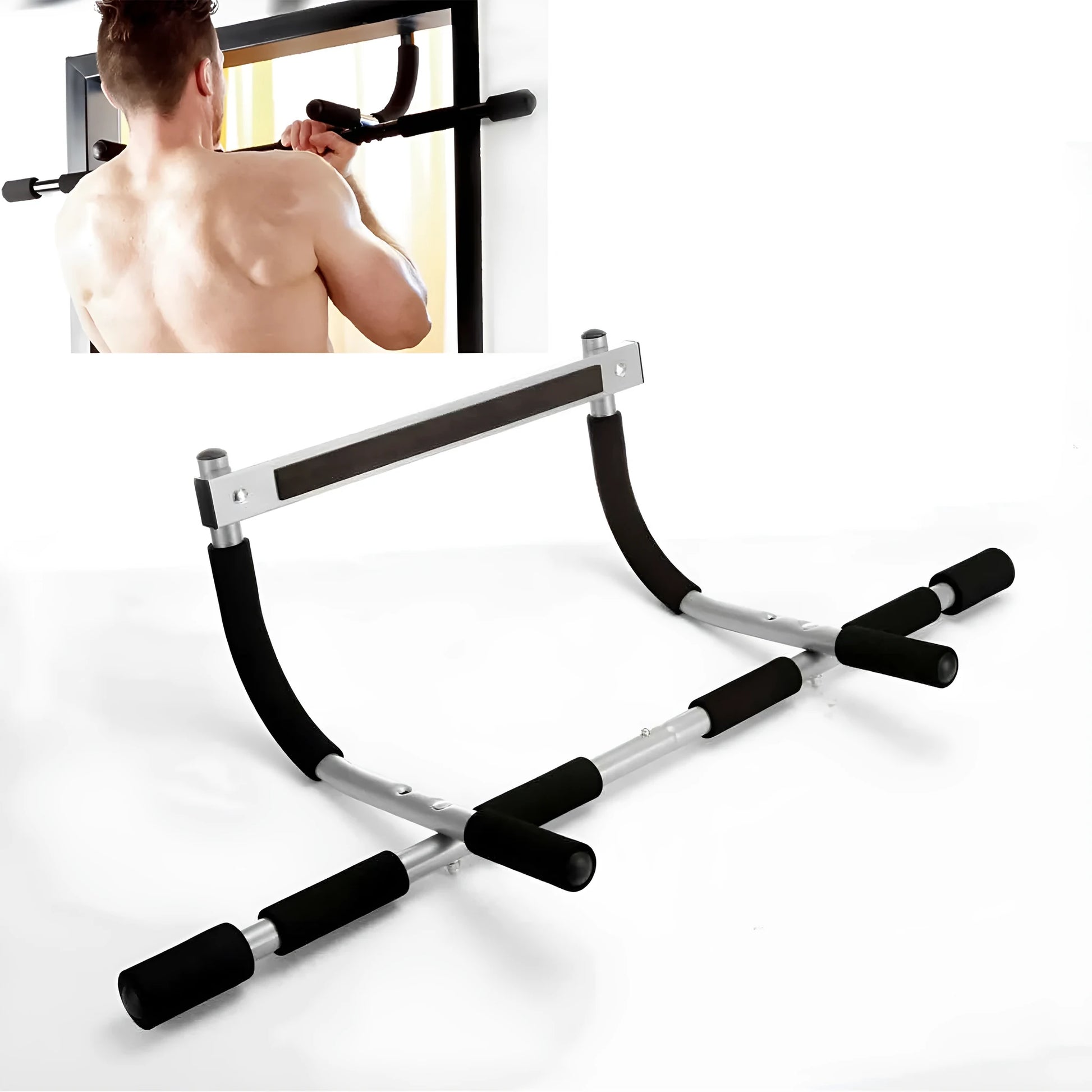 Black steel wall-mounted pull-up bar with mounting brackets for home gym installation