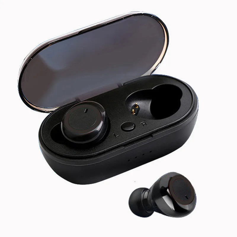 TWS Bluetooth headset with wireless stereo sound and subwoofer features, offering bilateral stereo earplugs with Bluetooth 5.0 connectivity for calls and music across a 15-metre range, available in black, white, and two-tone colour combinations