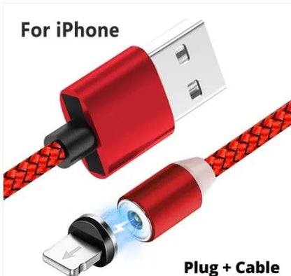 Magnetic USB charging cable with interchangeable Type C, Micro USB and IOS connectors in black and red