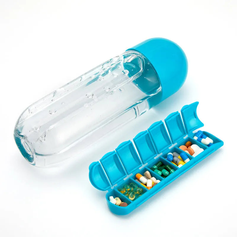 Water bottle with seven pill compartments attached, showing 600ml capacity and BPA-free construction